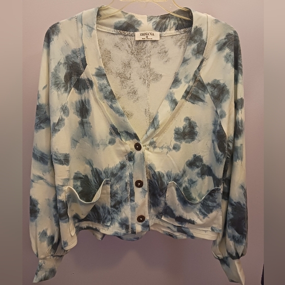 New Boutique Zenana Blue Tie-Dye Cardigan and Shorts Set - Picture 2 of 3